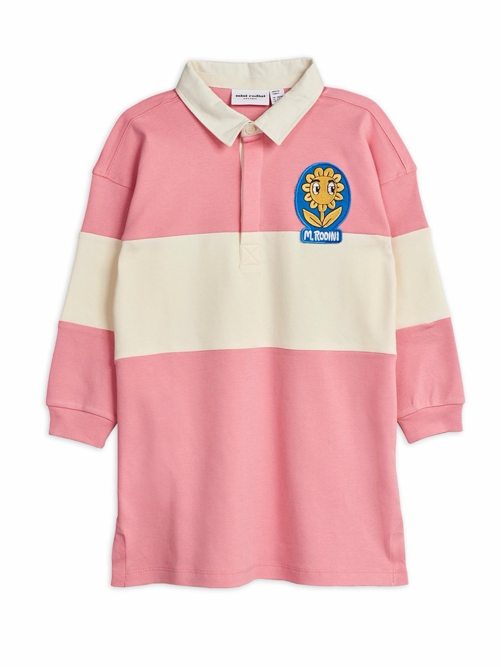 Mini Rodini Pink & Cream Striped Rugby Shirt Dress with Sunflower Patch
